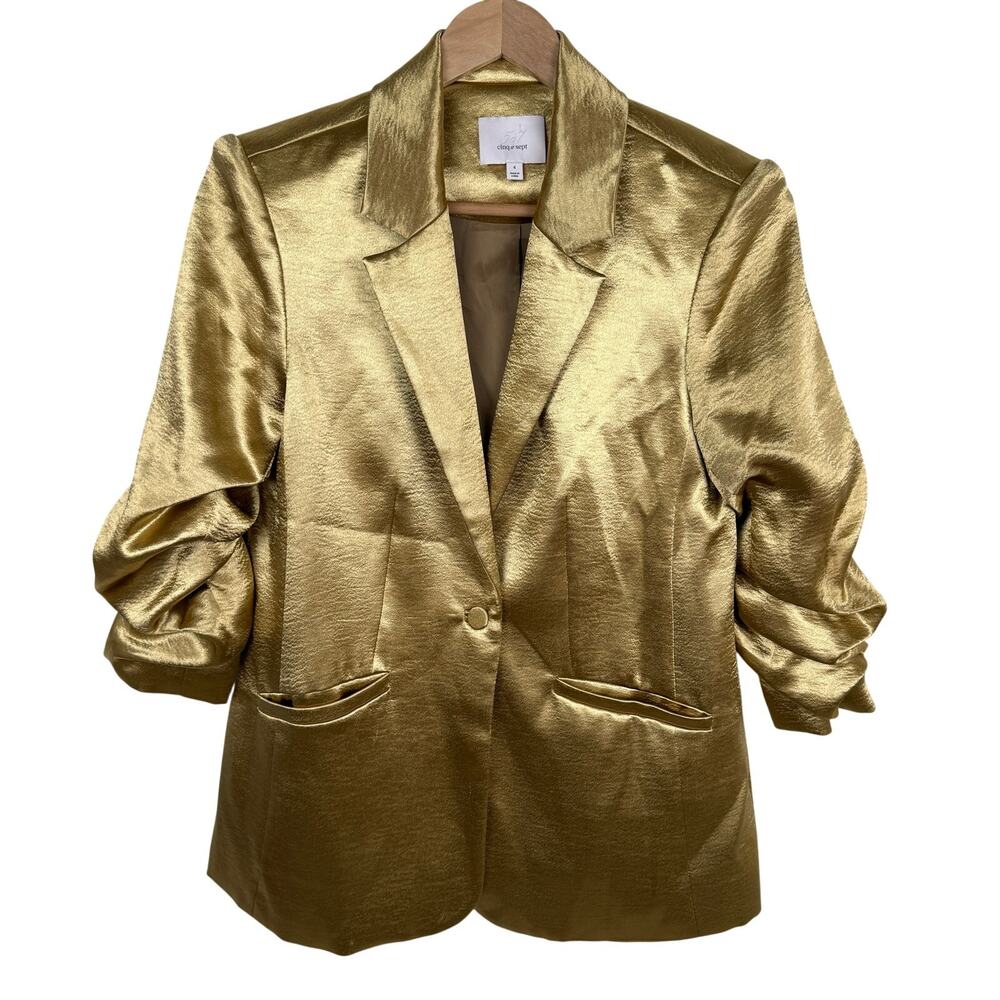 Cinq à Sept Gold Satin Cinched Ruched 3/4 Sleeve Blazer Metallic Maximalist Sz 4